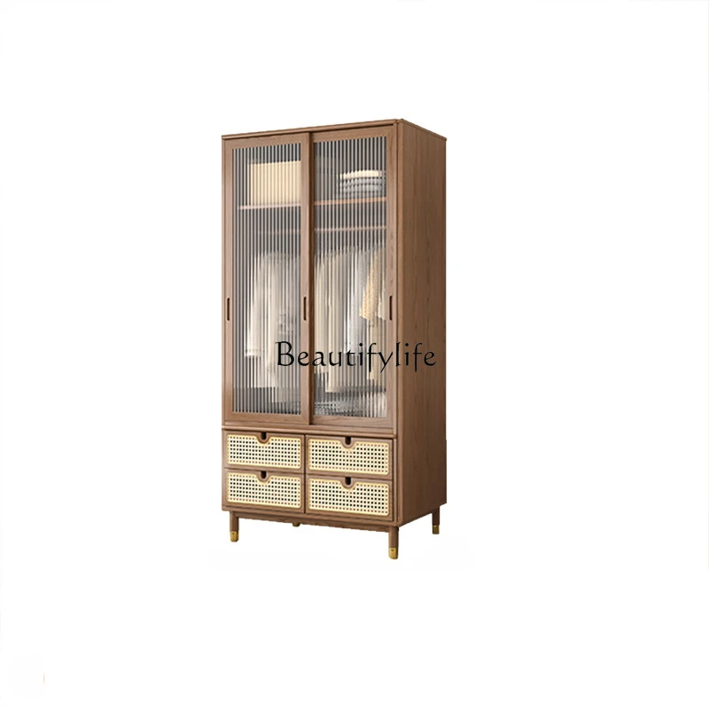 

Sili Style Solid Wood Double-Door Closet Sliding Door Rattan Wardrobe