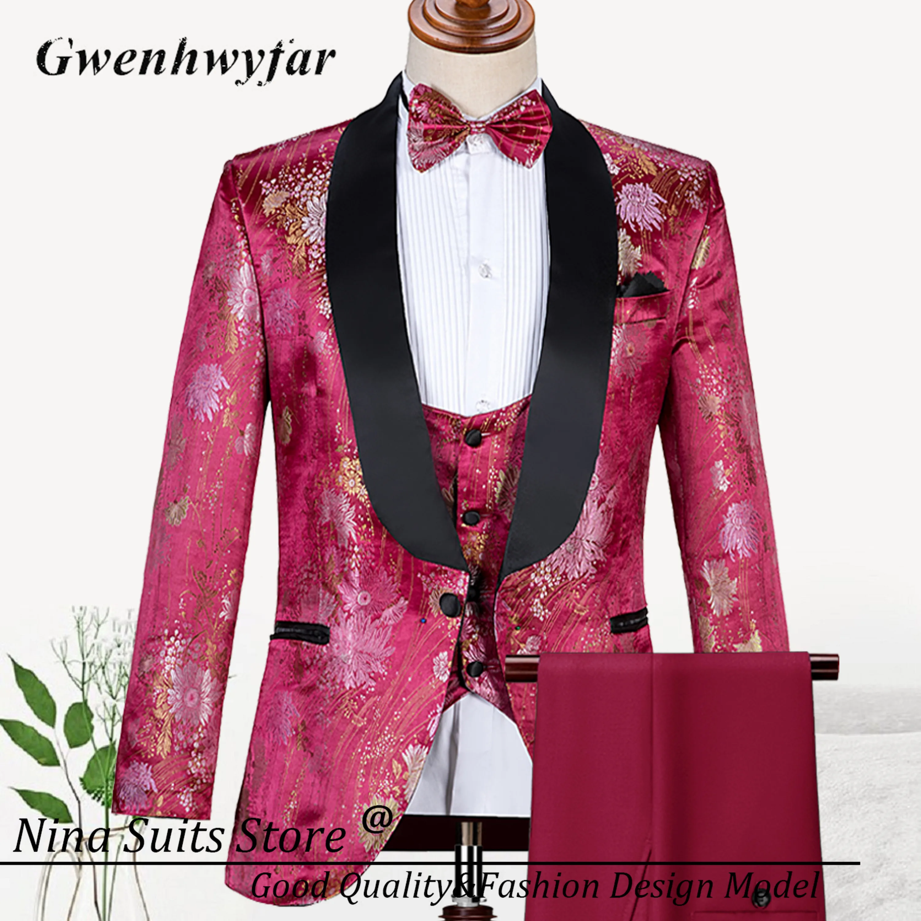 Nina Store Shawl Black Lapel Wine Red Men's Tuxedos 2025 Actinia Pattern Men's Party Costume Homme Fashion Wedding Men Suits Set