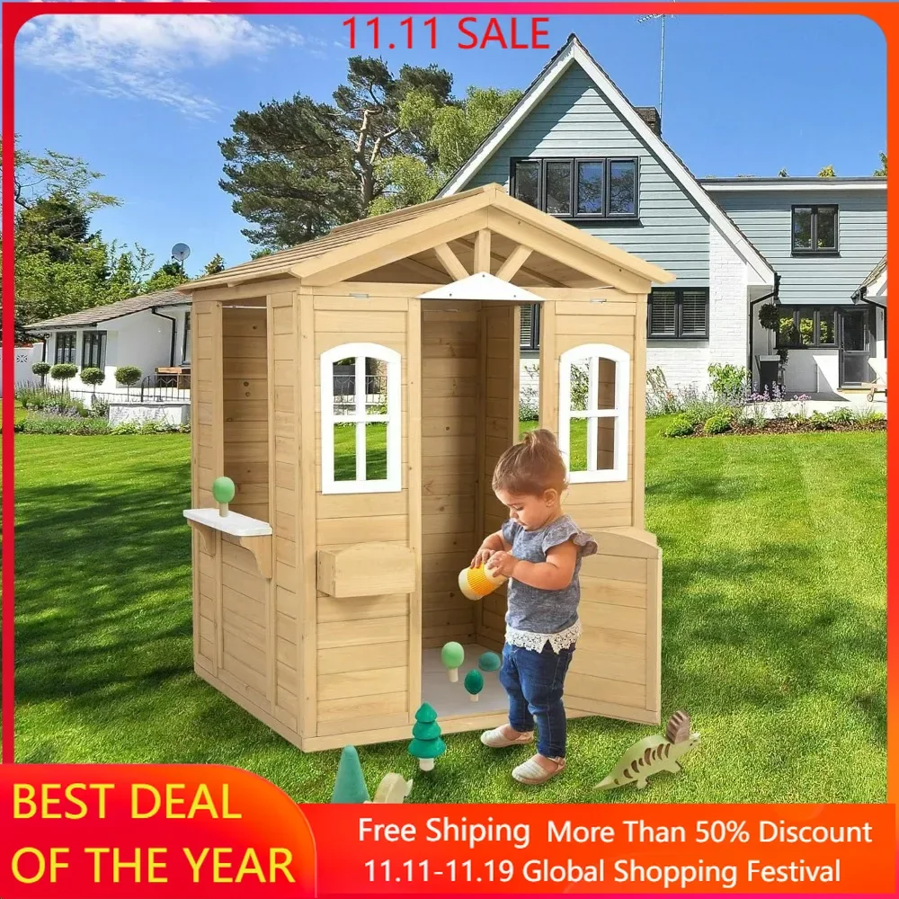 Playhouse Outdoor, Kids Outdoor Playhouse with Working Door, Windows, Mailbox, Flowers Pot Holder & Serving Station, Playhouse