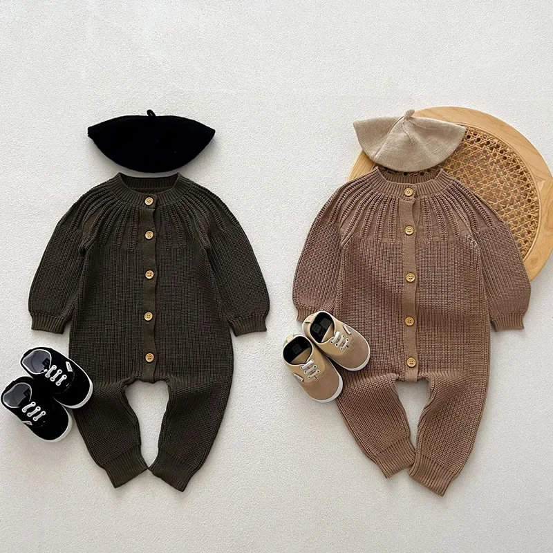 2024 New Autumn Korean Style Climbing Suit Long Sleeved Solid Color Toddler Baby Girl Knitted Romper Children Clothes