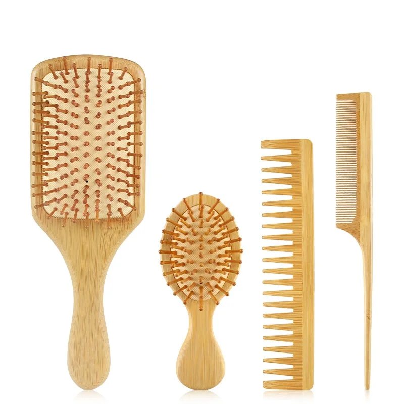 

4 Pcs/Box Eco-friendly Bamboo Hair Brush Set Detangling Hairbrush Wooden Air Cushion Massage Comb Wide Tooth & Pointed Tail Cmb