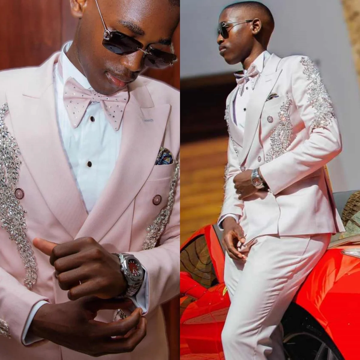 

Modern Men Wedding Tuxedos Double Breasted Peaked Lapel Prom Blazers Crystals 2 Pieces Customized Dinner Party