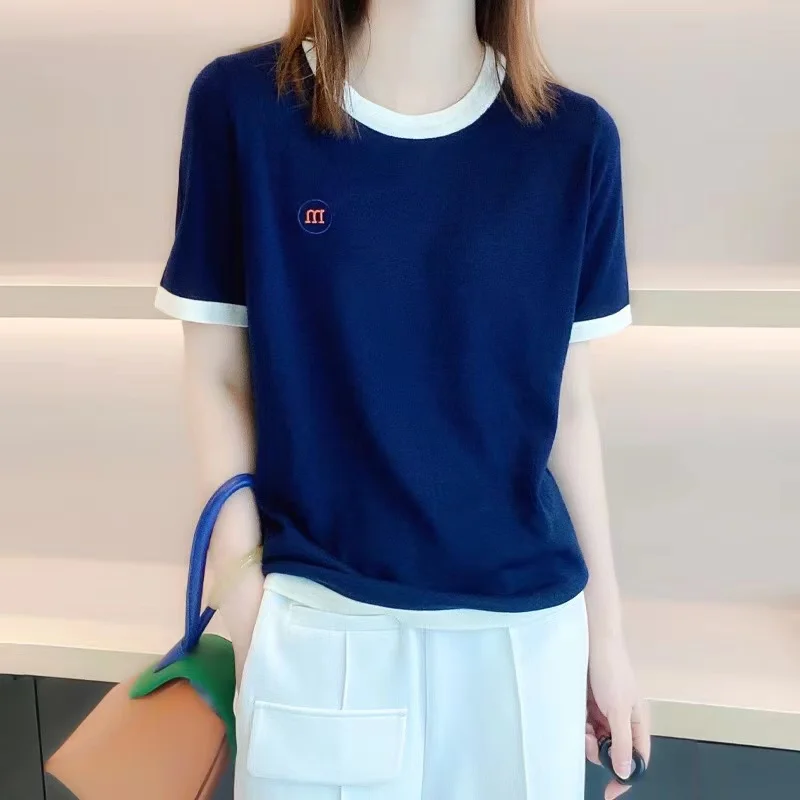 

High Quality New Women O-Neck Cashmere Short Sleeve M Embroidered Cashmere Sweater Soft Basic Pullover T-Shirts