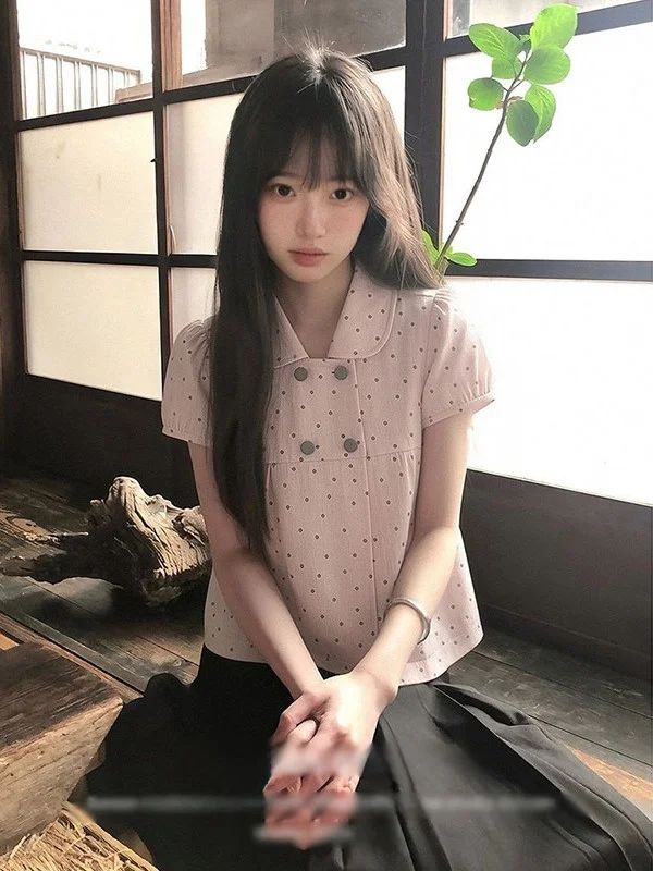 

Sweet Style Polka Dot Short Sleeve Women's Shirt Slimming Fit Doll Collar Top Summer Fashion Casual Sweet Wind College Style