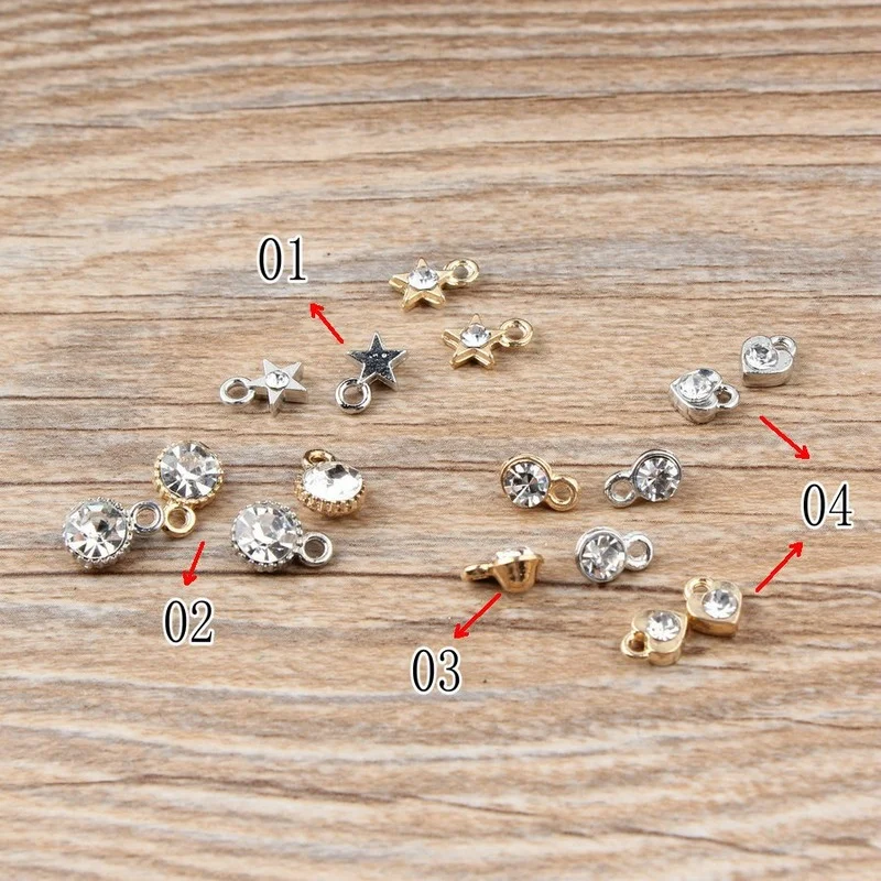 50PCS/Lot Fashion Gold Color Charms Star Round Heart Shape With Rhinestone Charm Pendants For Jewelry Handmade