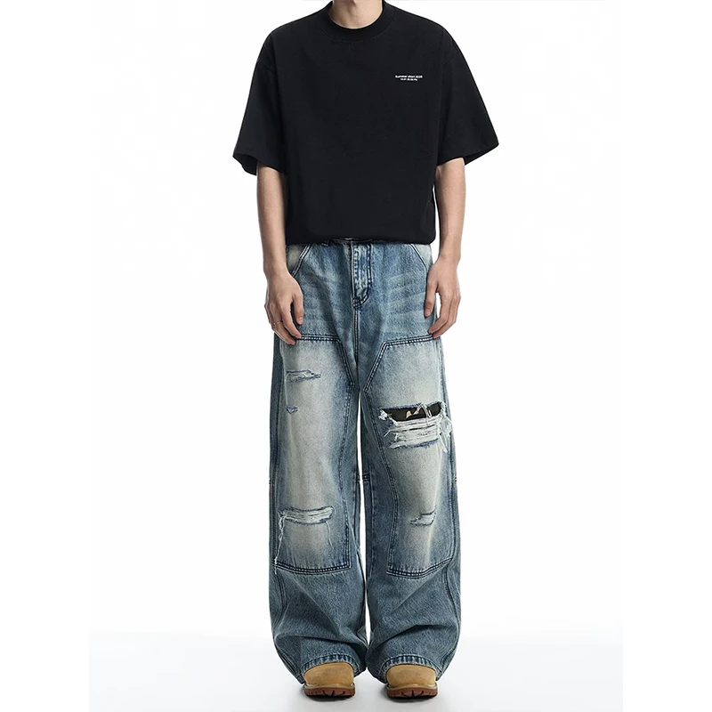 Men's Jeans Man Pants Heavy Duty Washed Multi Pocket Carpenter Style Straight Loose Denim Trousers Casual Fit High Street