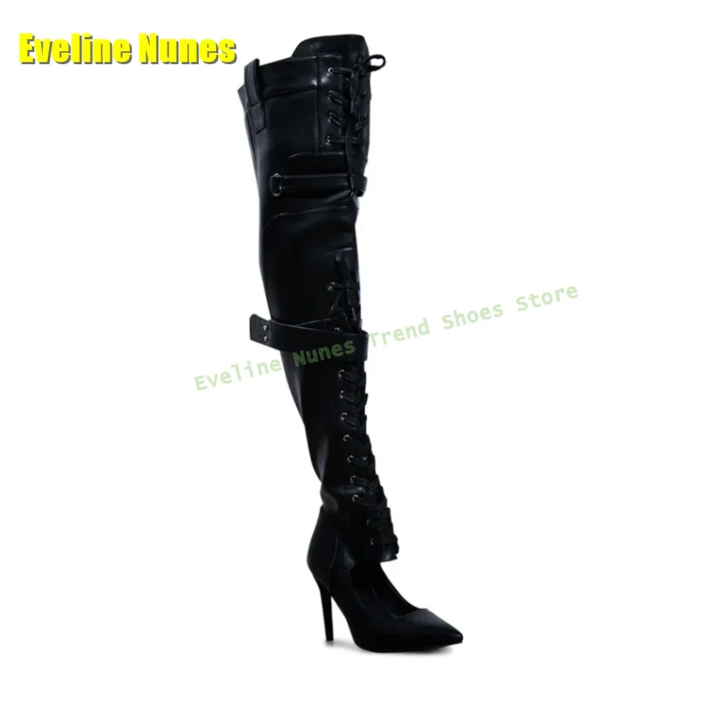 Black Cross Tied Belt Buckle Gladiator Pointed Toe Stiletto Cut Out Zipper Closure Women Fashion Over The Knee Boots 2025 Trend