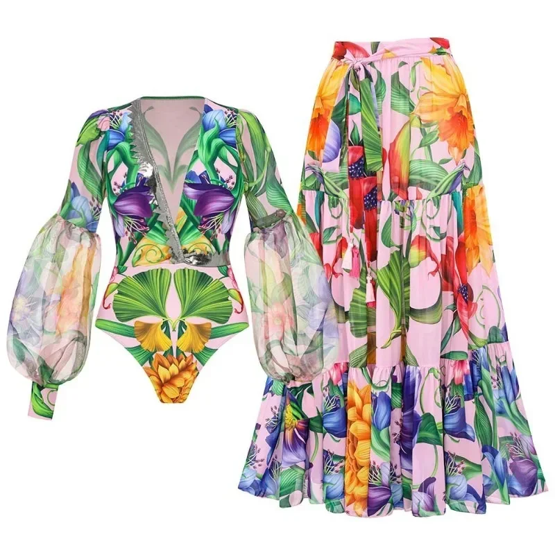 Traje de baño de una pieza de manga larga con estampado Vintage para mujer, traje de baño con mangas acampanadas verdes y plisado, conjunto de vacaciones de media falda