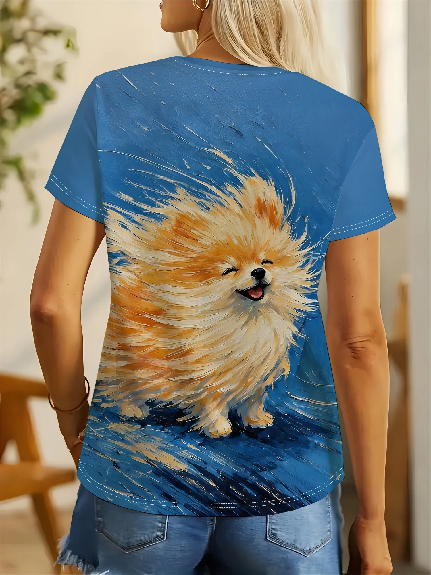Women Crew Neck Short Sleeve T‑Shirt, Van Gogh Style Wind‑Blown Pomeranian Dog Art Graphic Tee