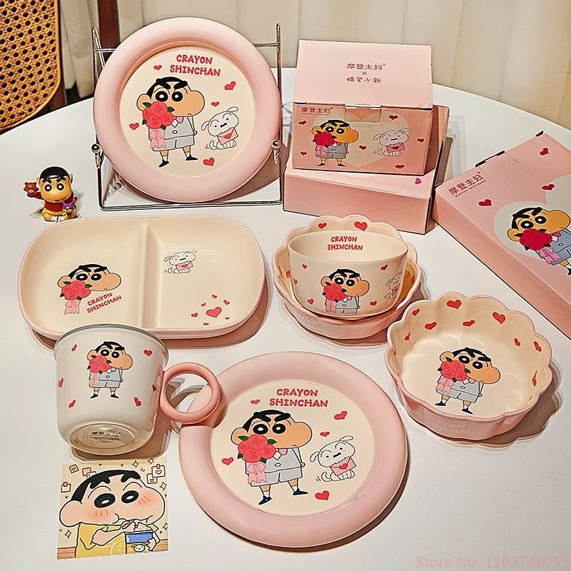 Crayon Shin Chan Ceramic Tableware Set Cartoon Home Dining Bowl Pink Cute Girl Heart Round Bowls Water Cups Plate Festival Gifts