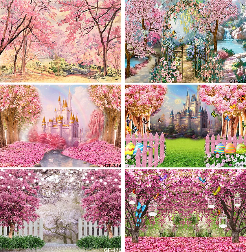 

Pink Cherry Blossom Trees Photography Backdrops Spring Garden Floral Flowers Decoration Customized Green Grass Photo Backgrounds