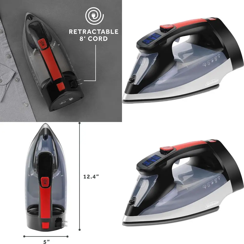 1700W Digitales Dampfbügeleisen mit 11 Heizstufen, Mehrfarbigem LCD, Präzisionsbügeln, Vertikaldampf, 2,4m Kabel - Schwarz & Rot