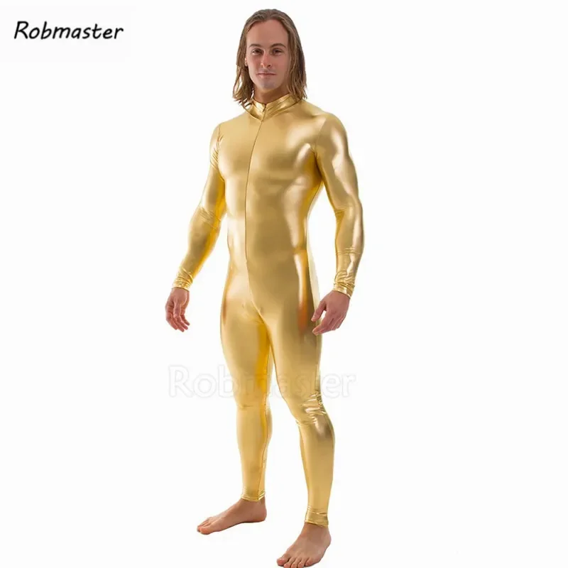 Traje de látex para hombre, medias metálicas brillantes sin cabeza, traje Zentai de manga larga con cremallera frontal, mono de piel personalizado