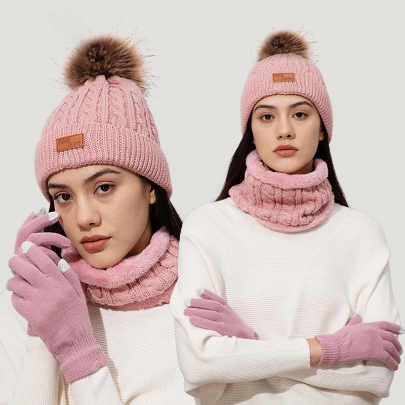 Zimowa czapka z dzianiny Szalik Rękawiczki Zestaw dla kobiet Mężczyźni Zdejmowana czapka z pomponem Śliczna wełniana czapka Ciepła pluszowa apaszka na szyję