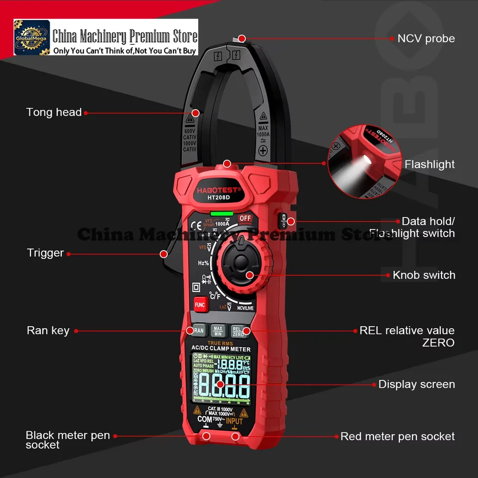 HT208 Digital Clamp Meter 1000A 1000V AC DC True RMS CAT IV 1000V Protection High Precision Current Capacitance Measurement