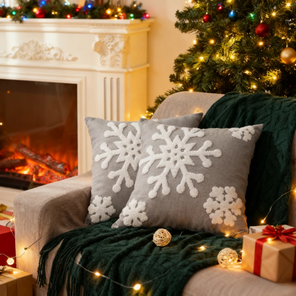 Embroidery Snowflake Throw Pillow Covers 18x18 Christmas Decorative Cushion Cases for Home Sofa Couch Funda Cojín Navidad 쿠션커버