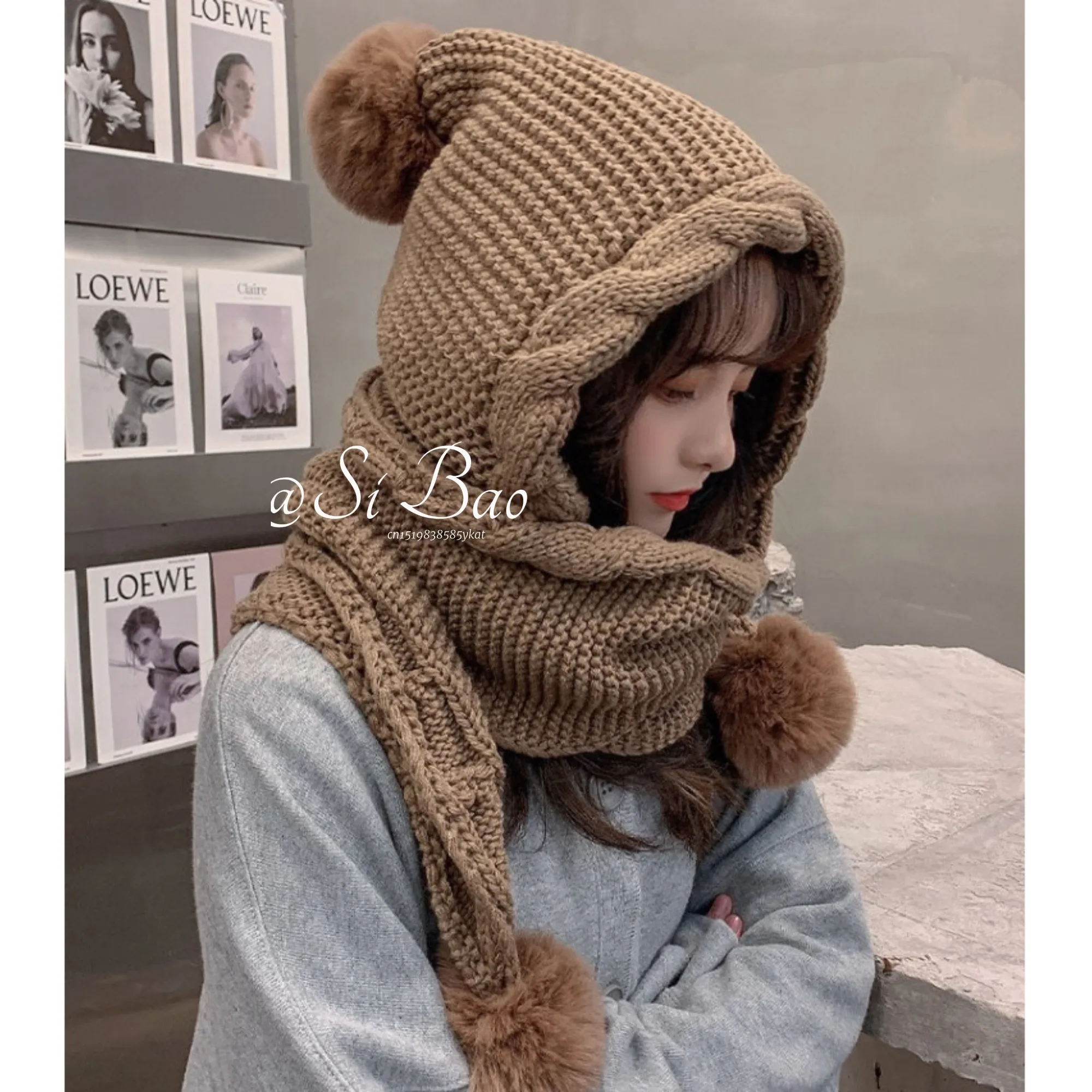 Women Korean Hooded Scarf Winter Hats Woman Cold Protection Warm Scarf Hat Cute Fur Ball Ear Protection Thickened Knitted Hat