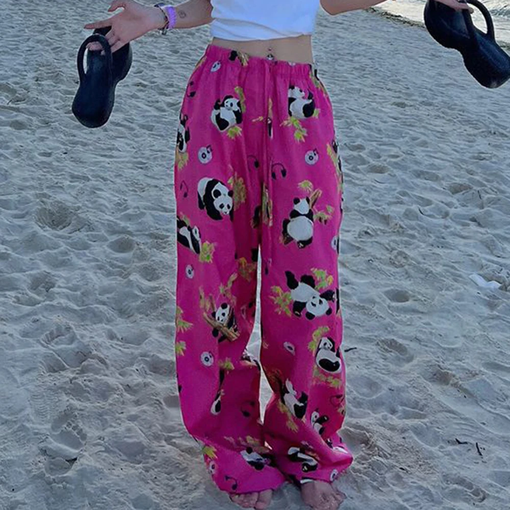 Panda cartoon printed casual pants for women in summer drawstring elastic waist design, sweet and spicy  wide leg pants