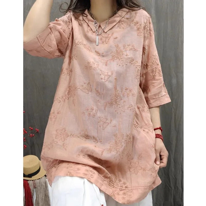 

High-End Slimming Summer New Artistic Retro Embroidered Pure Color Loose Doll Collar Versatile Shirt Women's plus Size Casual...