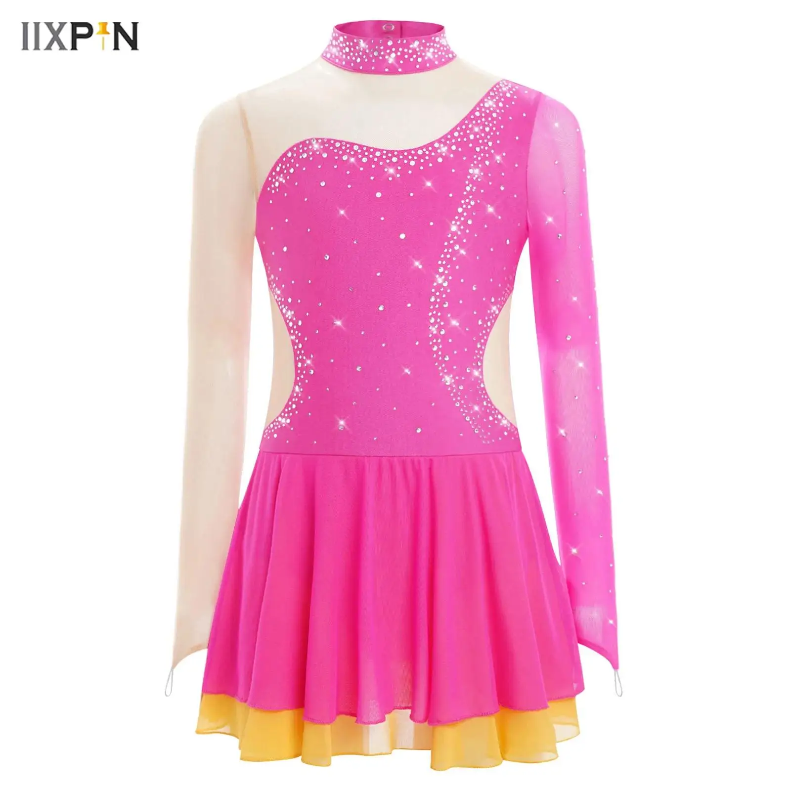 

Kids Girls Glittery Rhinestones Figure Skating Costume Dancewear Long Sleeve Color Block Mesh Overlay Leotard Ballet Dance Dress
