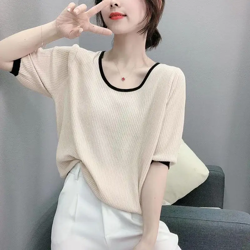 Solid Color Tee Shirt Femme Tops Summer T  Women Thin Ice Silk Knitted T-s Short Sleeve Clothing Camisetas Mujer