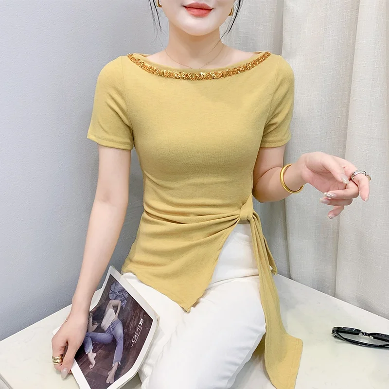 

Женская летняя футболка с асимметричным дизайном, подчеркивающая талию, блестящая, универсальная, облегающая