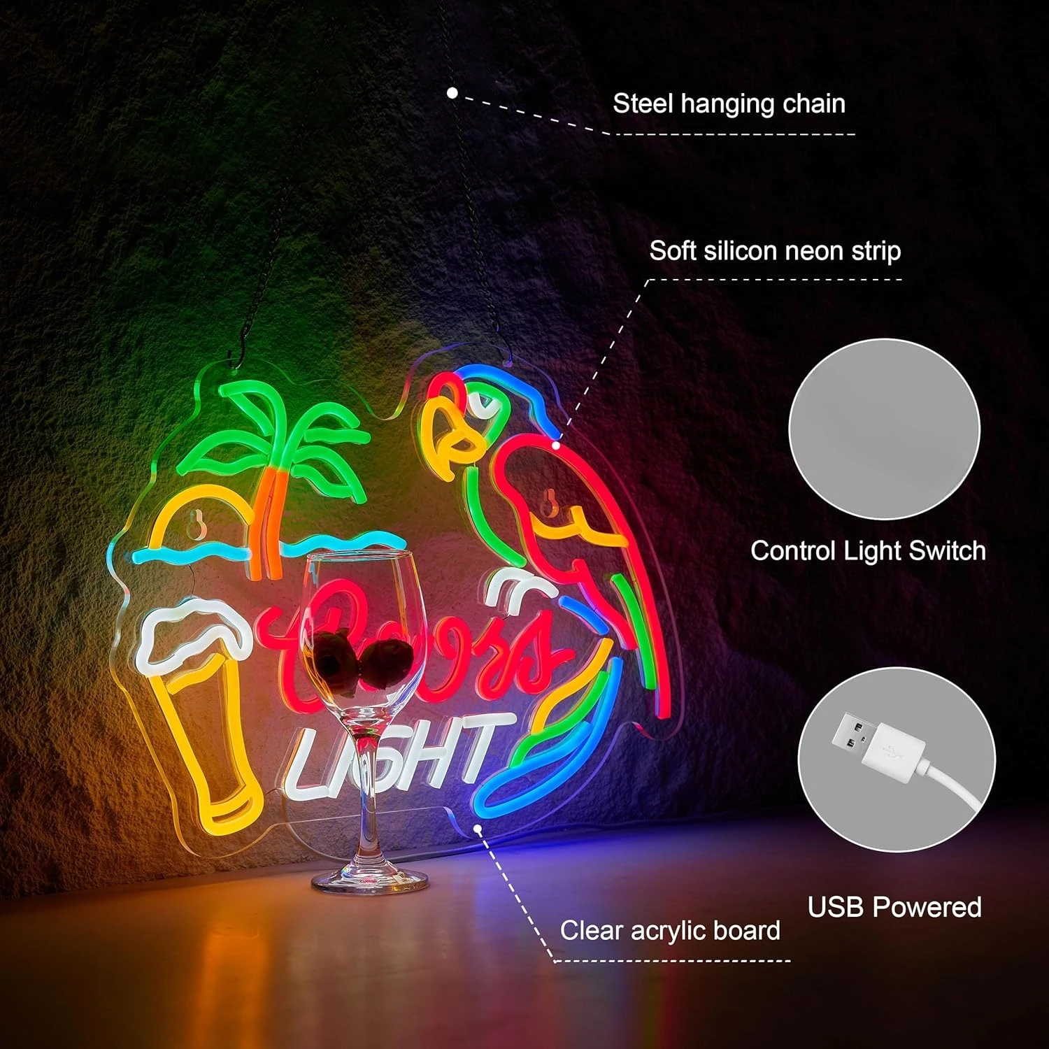 LED neonvägglampa papegoja – USB - usage example