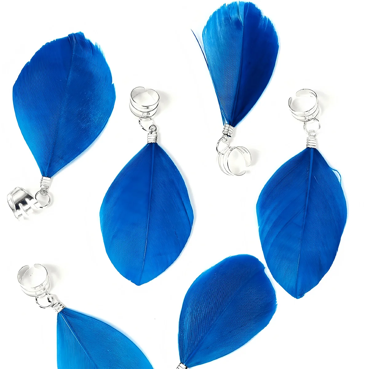 6Pcs Bohemian Style Dreadlock Blue Feather Hair Rings - Suitable for Parties & Balls