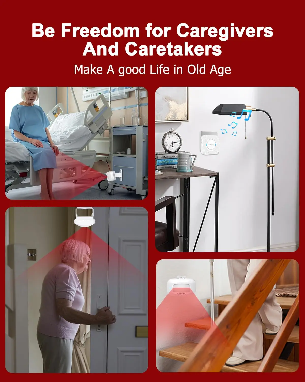 PIR Motion Sensor Alarm SOS Function Wireless 10m Detection Range for Elderly Dementia Patients Caregiver Reminder