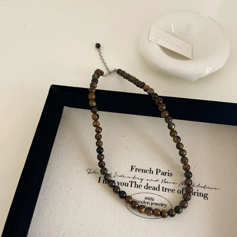 Minar Vintage 4 6 8 10mm Natural Stone Tigereye Strand Beaded Necklace for Women Femme Silver Plated Chain Chokers Sweater Chain