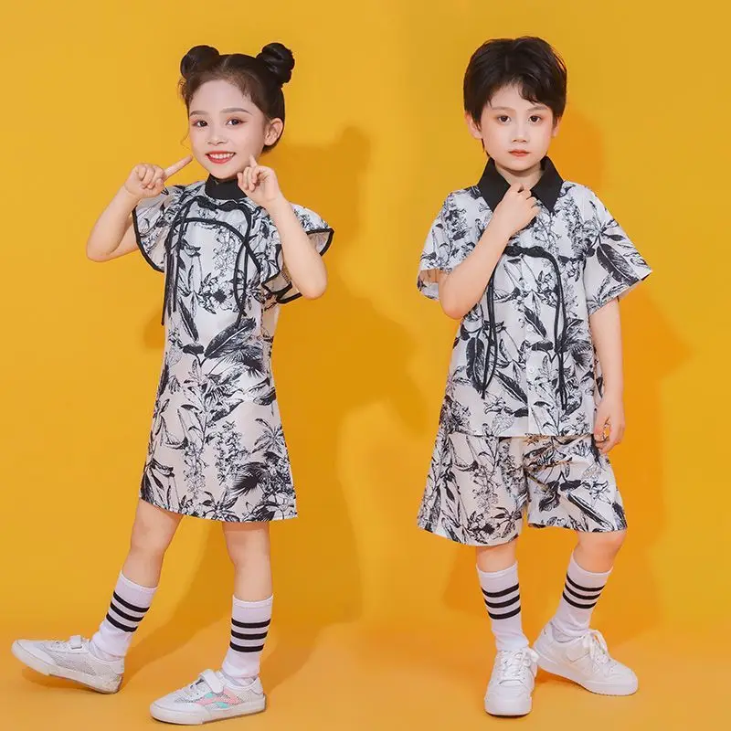 

Summer Family Matching Outfits Clothes Boys T-shirt+Shorts 2Pic Girls Dress Ink Drawing Style 1-13 Yrs Old Brother Sister Suit