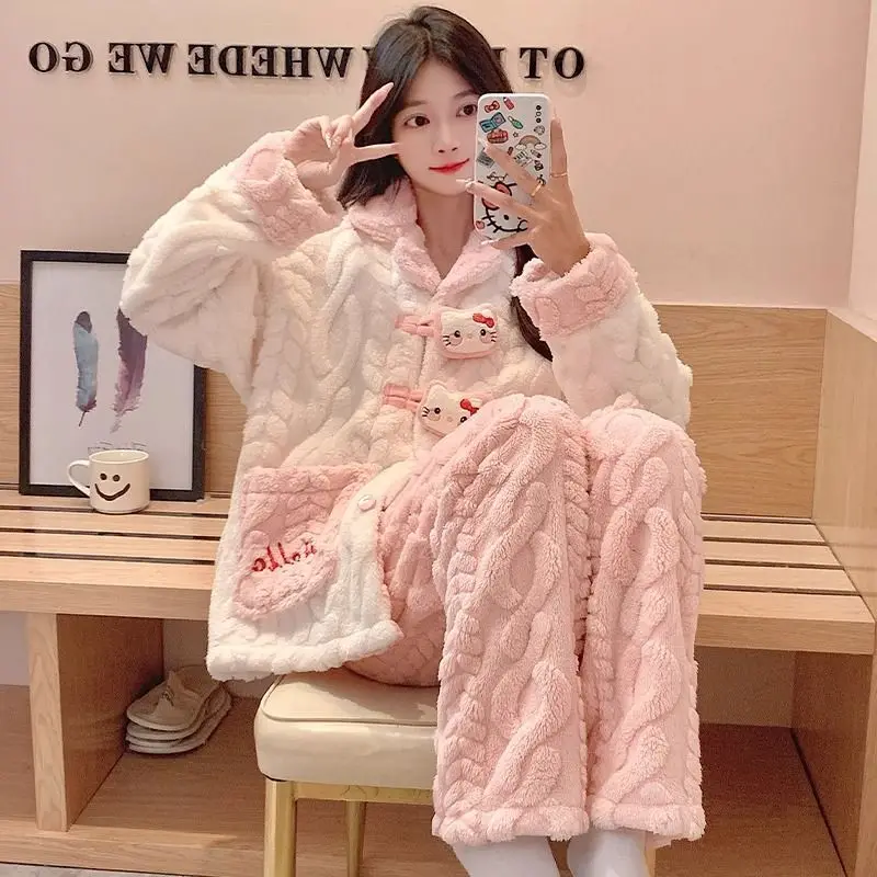 Sanrio Hello Kitty Autumn Winter Coral Fleece Thick Warm Pajamas For Women Set Cute Fashion Sleepwear Trend Casual Home Clothes