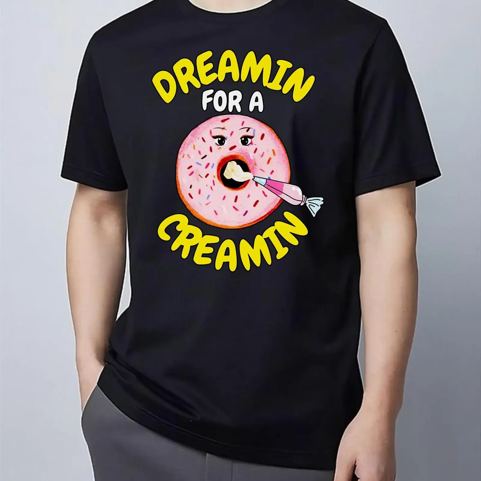 Dreamin For A Creamin Funny Donut T Shirt Men Cartoon Pink Sprinkles Pastry Bag Top vintage Washed Casual designer clothes Soft