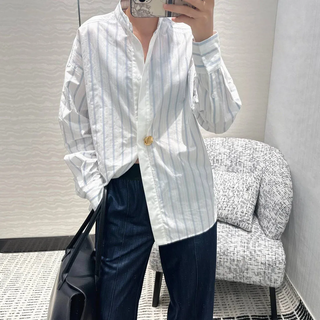 2024 New Autumn Fashion Stand Collar Gold Button Long Sleeve Shirt Women Cotton Loose Blue Vertical Stripes Causual Chic T-shirt