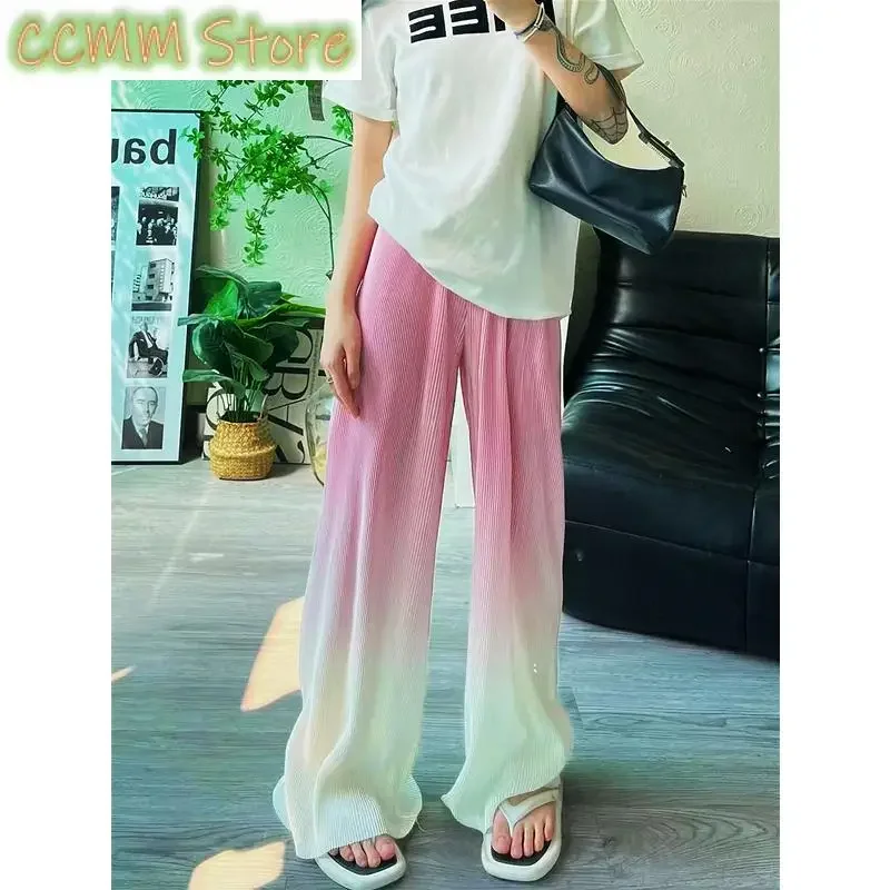 Fashion Printed Spliced Folds Tie Dye Gradient Pants Female Clothing Summer New Loose Elastic High Waist Casual Trousers