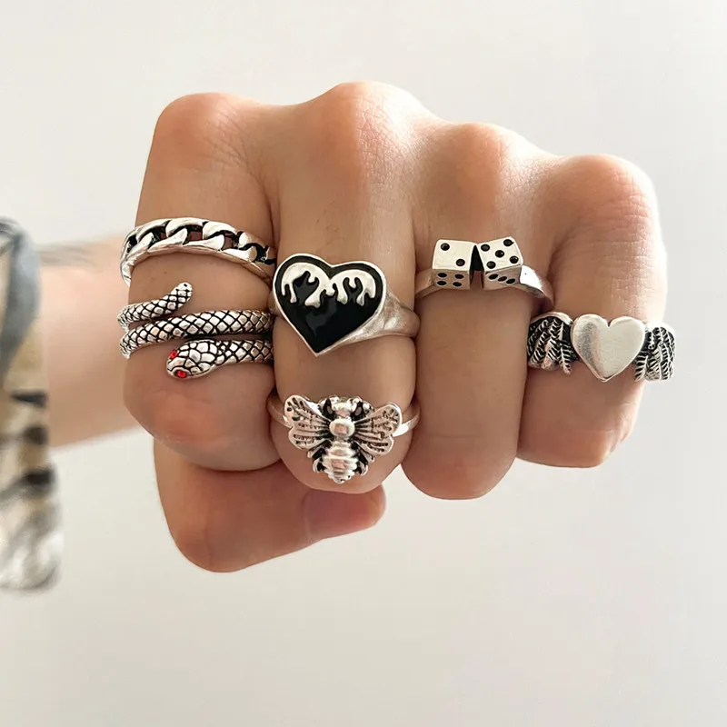 6 Pcs/Set Punk Snake Heart Rings Set Fashion Vintage Bee Wings Dice Rings for Women Jewelry Accessories