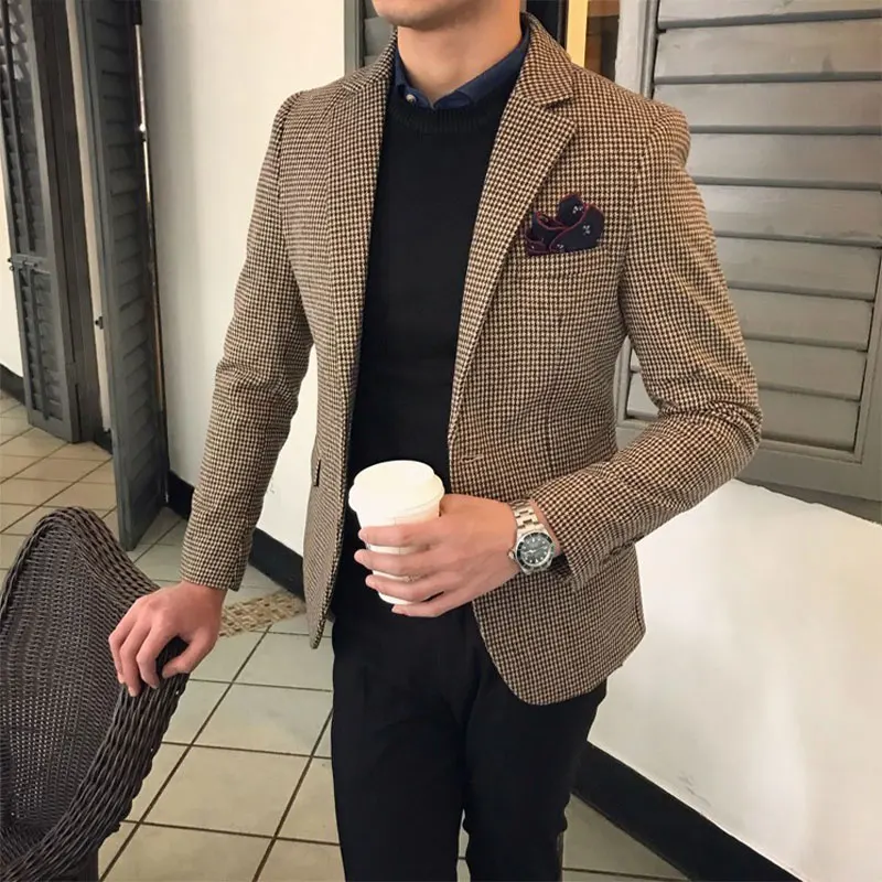 Spring and Autumn Wool Suit Men's Jacket Houndstooth Suit Large Size Retro Slim Business Thickened Casual Suit - Image 2