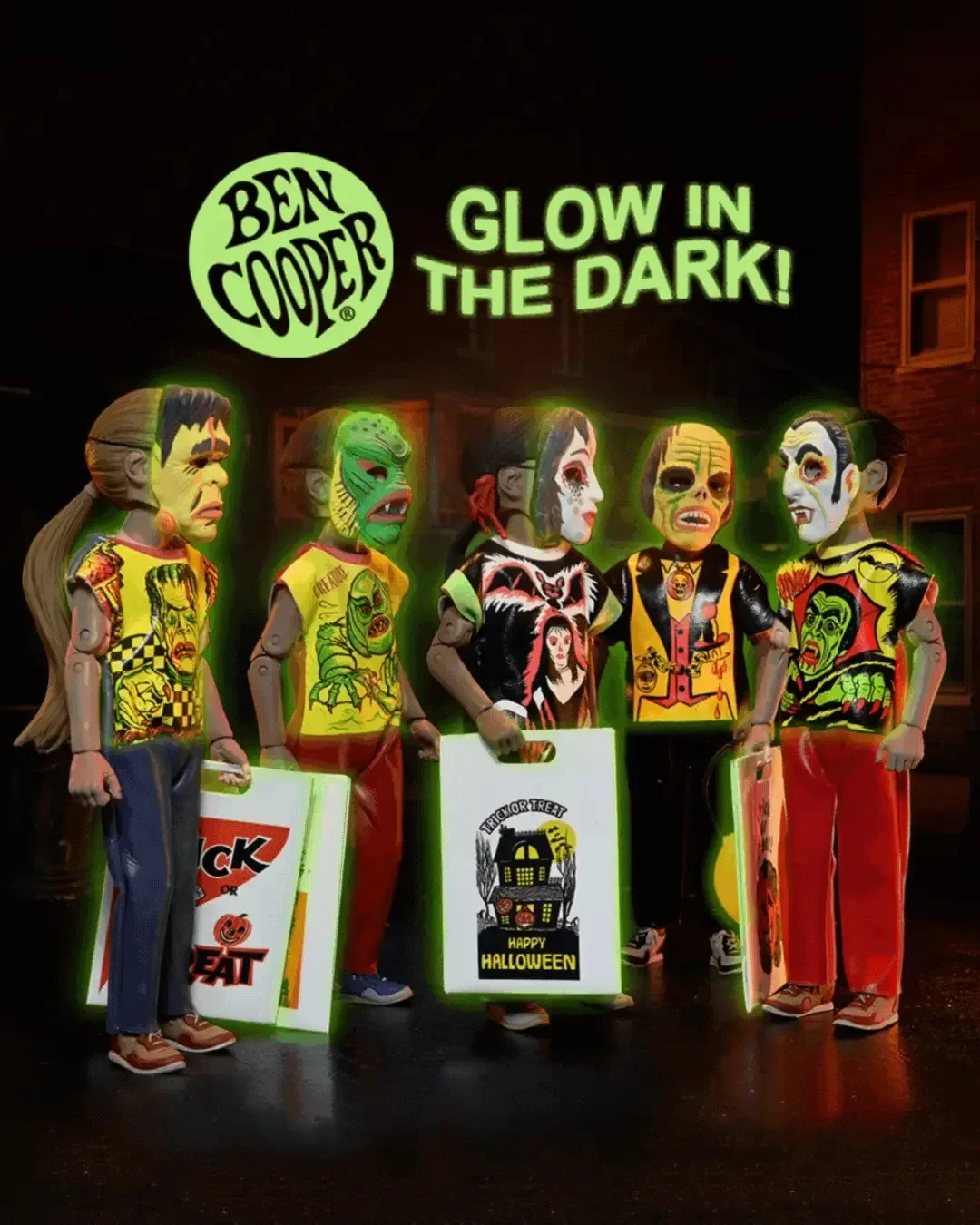 NECA Ben Cooper Costume Kids Collection Glow-In-The-Dark Costumed Action Figures Creature Dracula Frankenstein Phantom Vampire