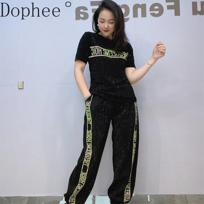 2025 New Summer Women Two-piece Set Hot Drilling Letters Short Sleeve T-shirt Top + Elastic Waist Casual Sprots Pants Suits