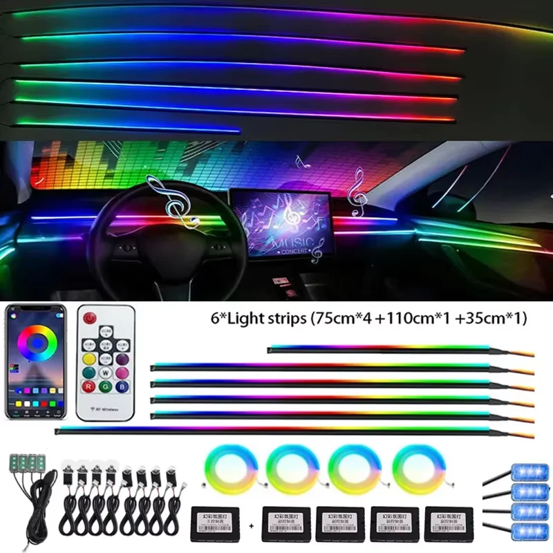 18/22 in 1 Streamer Car Ambient Light Symphony Strip 213 64 Color Rgb Rainbow Interior Dashboard Acrylic Decorative Lights 12V