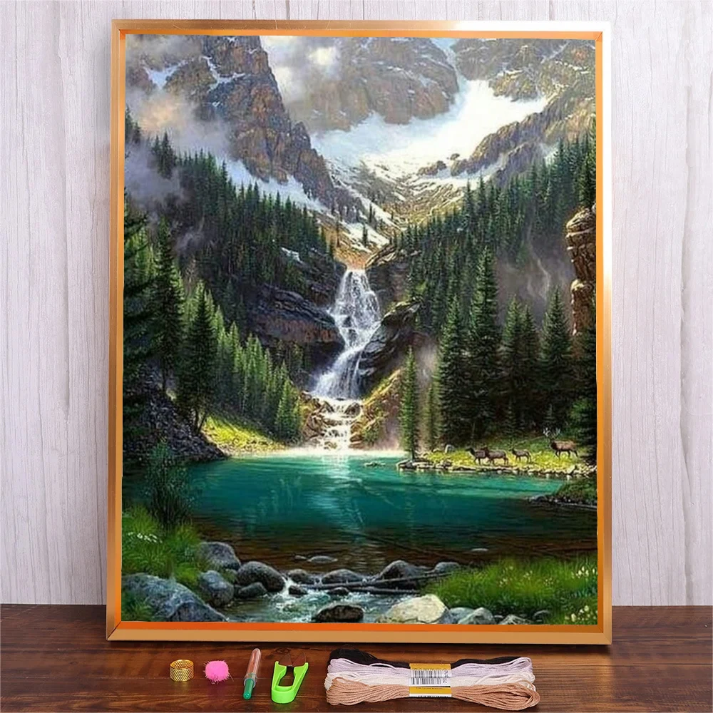 

Cross Stitch Kit Waterfall Landscape 11CT 14CT Printed Cross-Stitch Embroidery Kit Needlework Set DIY Adults Crafts Unique Gift