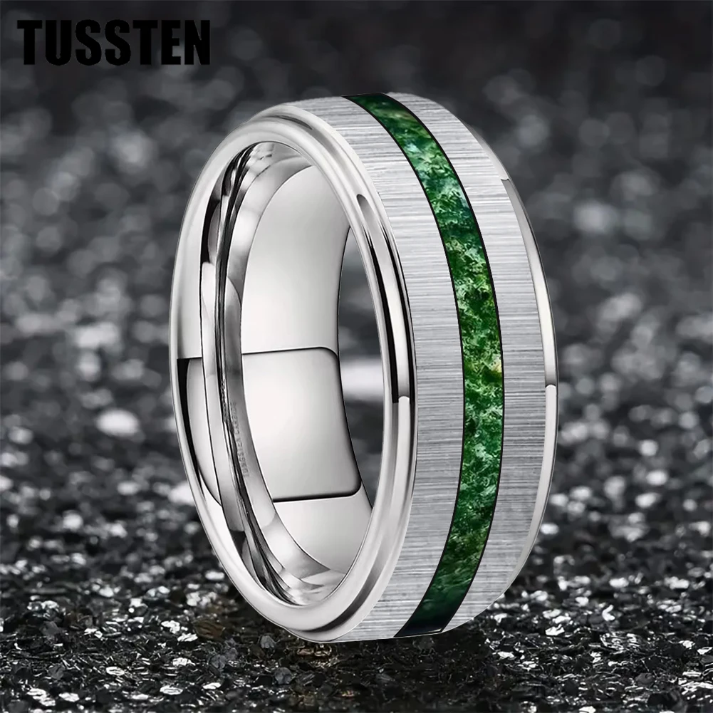 

TUSSTEN 6/8mm Silver Tungsten Ring for Men Women Fashion Engagement Wedding Band Middle Groove inlaid with water Moss Agate