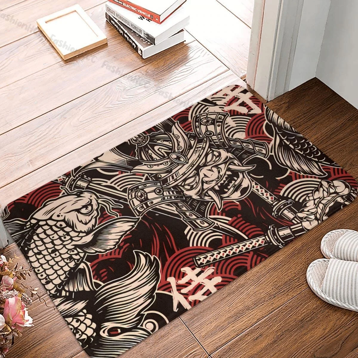 Japanese Style Bathroom Non-Slip Carpet  Japanese Seamless Pattern Katana Bedroom Mat Entrance Door Doormat Home Decoration Rug