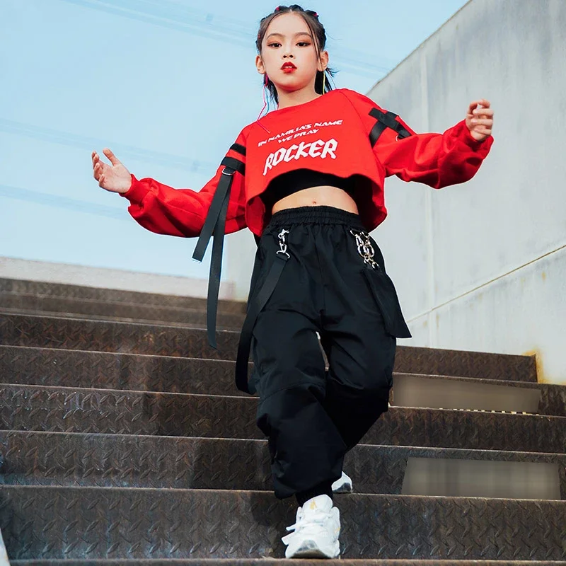 Kids Hip Hop Clothing Red Tops Black Pants Casual Overalls Street Dance Wear Jazz Performance Clothes Hip Hop Kids Wear