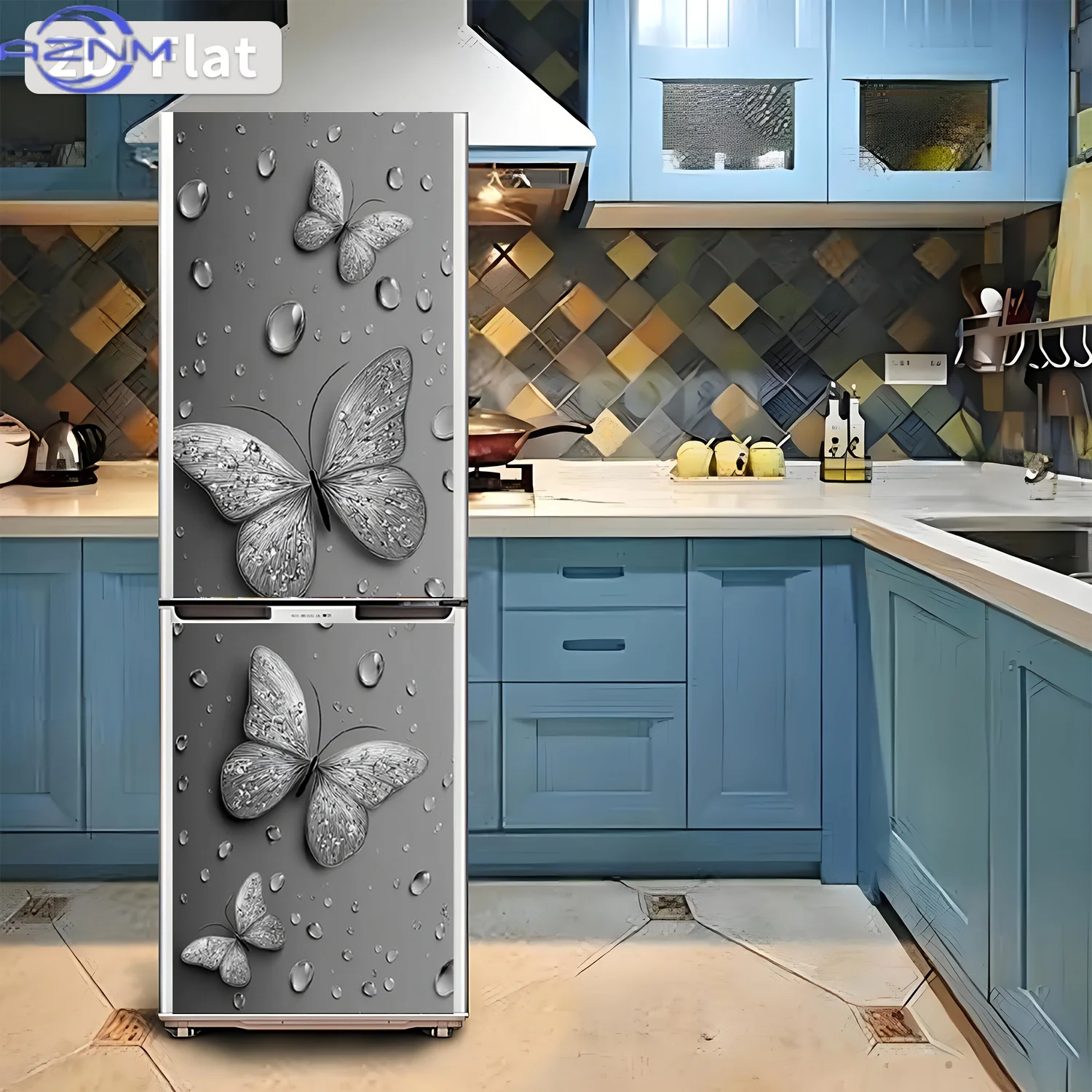 2D Flat Printing 1pc Refrigerator Sticker 60×180cm Silvery Butterfly Water Droplet Pattern Theme Design Wall Sticker Decorativ