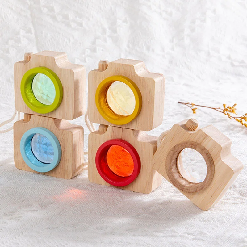 Children Wooden Mini Camera Toys for Kaleidoscope Rainbow Wooden Toys Color Learning Early Educational Game Bee Eye Camera