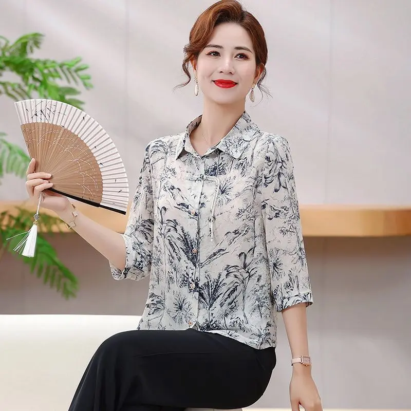 Nuova camicia cinese estiva alla moda nuovo stile stampato temperamento slim top a maniche lunghe