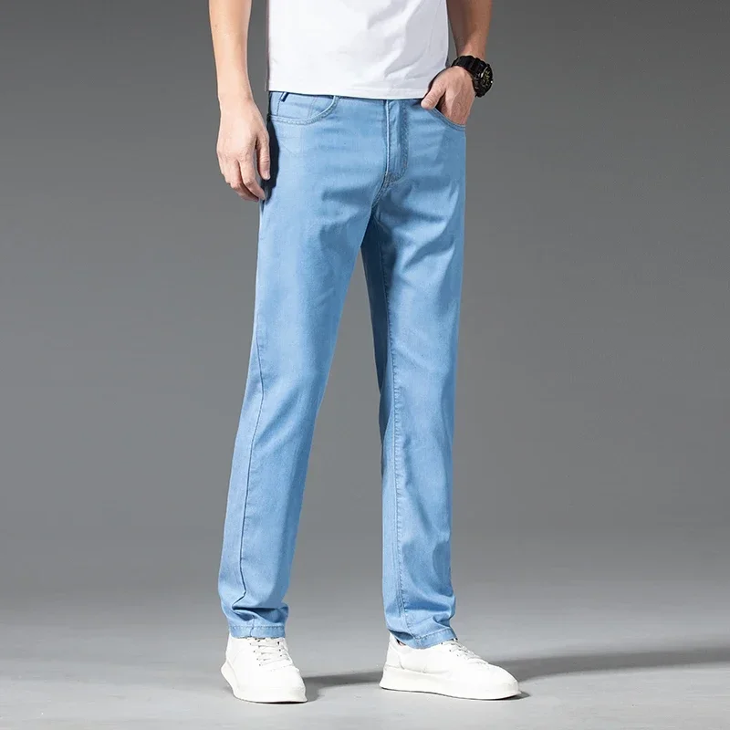 Pantalones vaqueros sueltos finos de pierna recta para hombre, estilo clásico, pantalones holgados elásticos avanzados, talla grande 40, verano