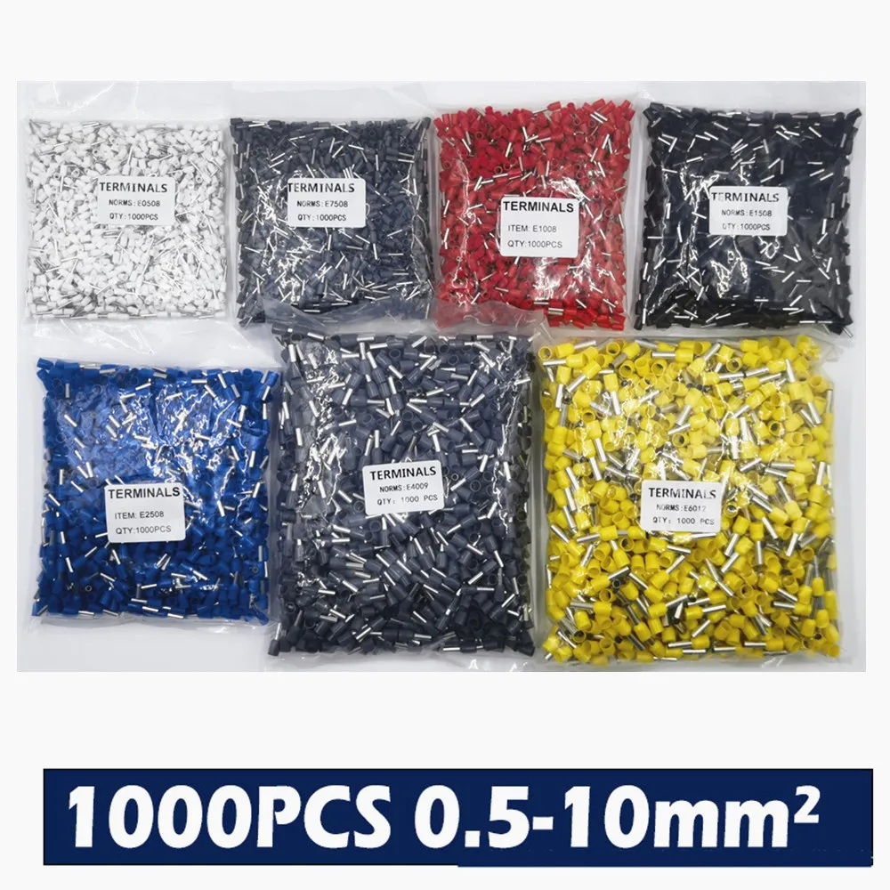 1000PCS  AWG22-8 (0.5-10mm²) Wire Ferrules Insulated Copper Crimp Connectors, Crimp Pin Cord End Terminals Black Red Blue Yellow