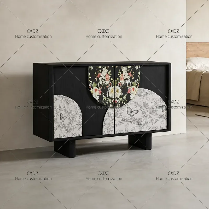 Medieval Printed Solid Wood Dining Side Cabinet Small Apartment Storage Locker Household Entrance Cabinet Decorative